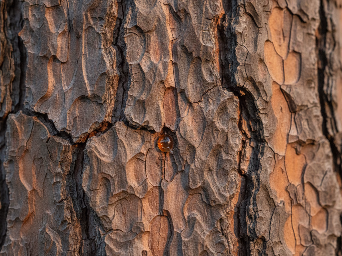 Close-up of pine bark with a bead of fresh resin, a sign of tree stress